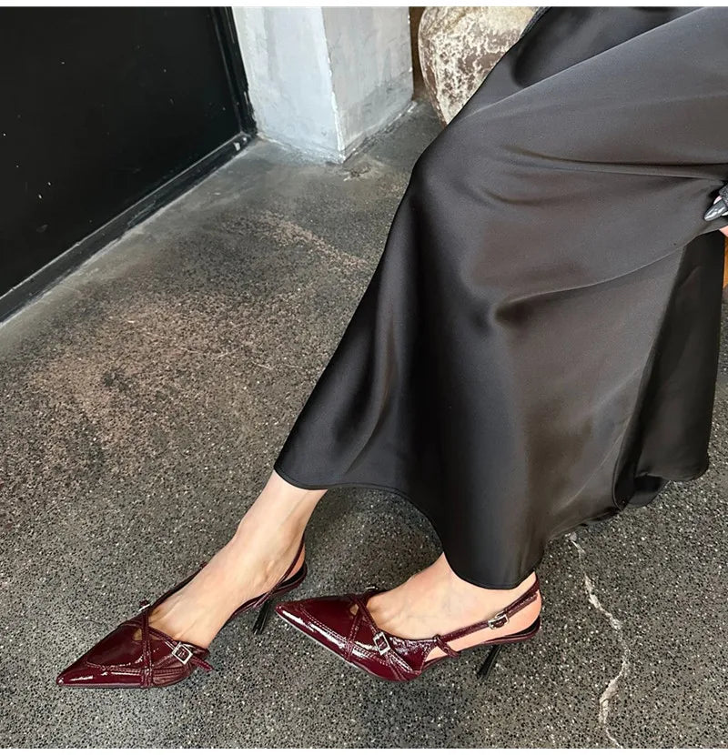 Elegant Pointed toe PU Leather Slingback Thin Heels