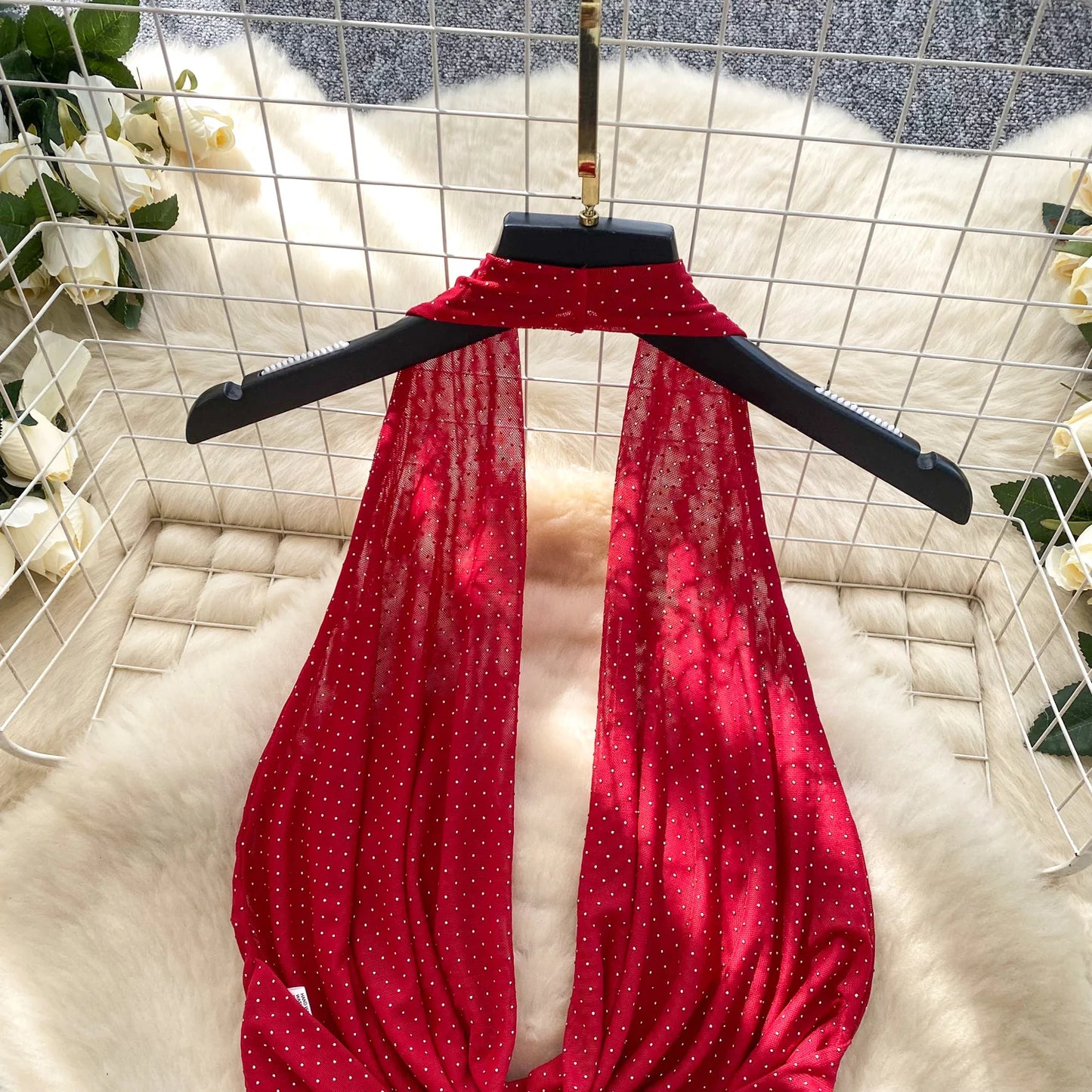 Halter Lace Up Backless Shiny Swing Collar Mesh Top