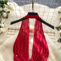 Halter Lace Up Backless Shiny Swing Collar Mesh Top