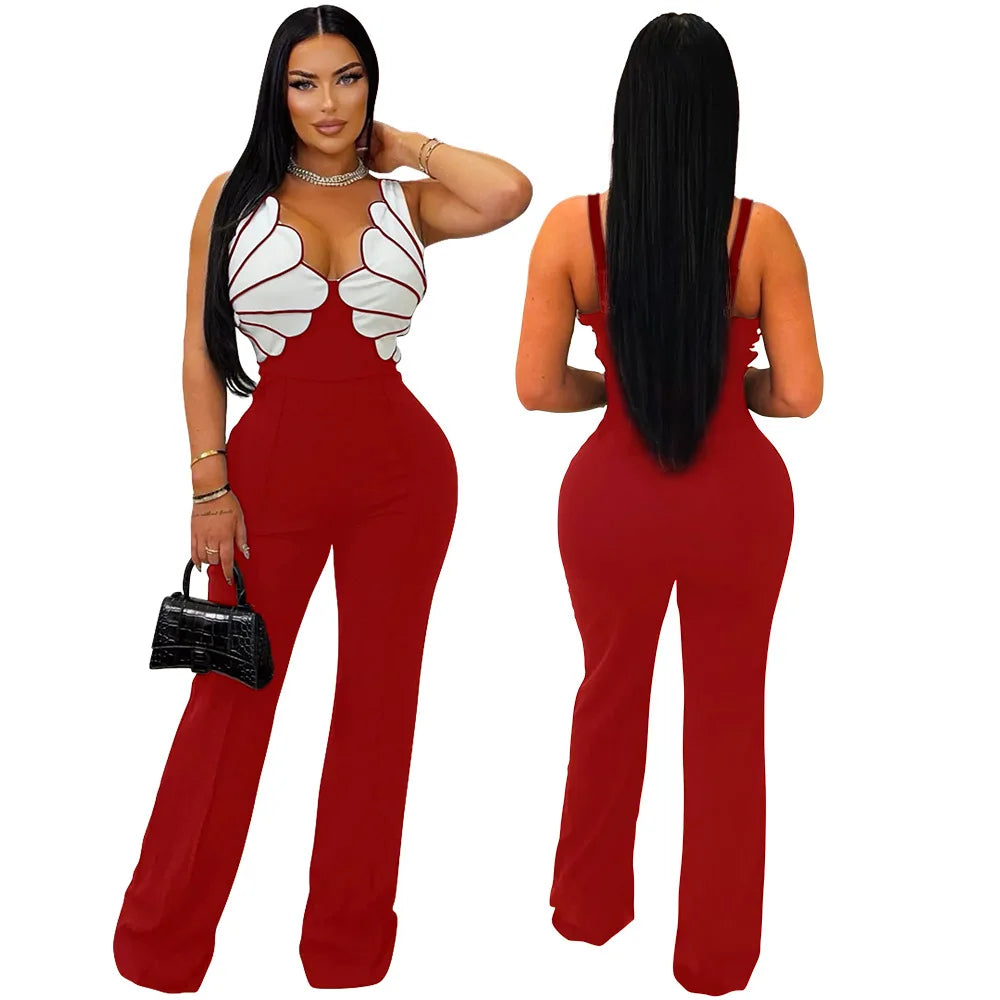 V-Neck Wide Leg  Sleeveless  Patchwork Jumpsuit