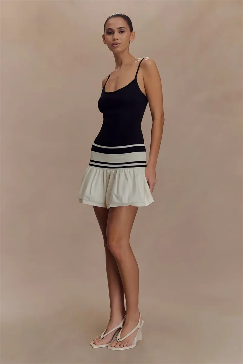 Spaghetti Strap Sleeveless Backless Ruffle Patchwork Mini Dress