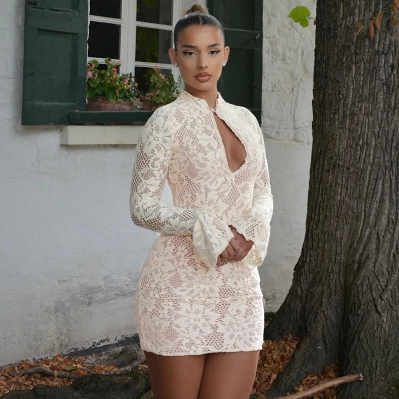 Lace Hollow Out Long Sleeve Sexy Mini Dress