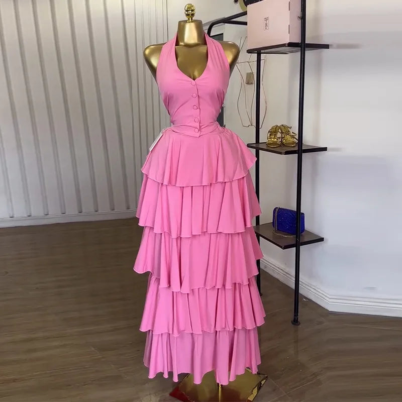 Sleeveless Vest Tops+Pleated Tiered Skirts Set