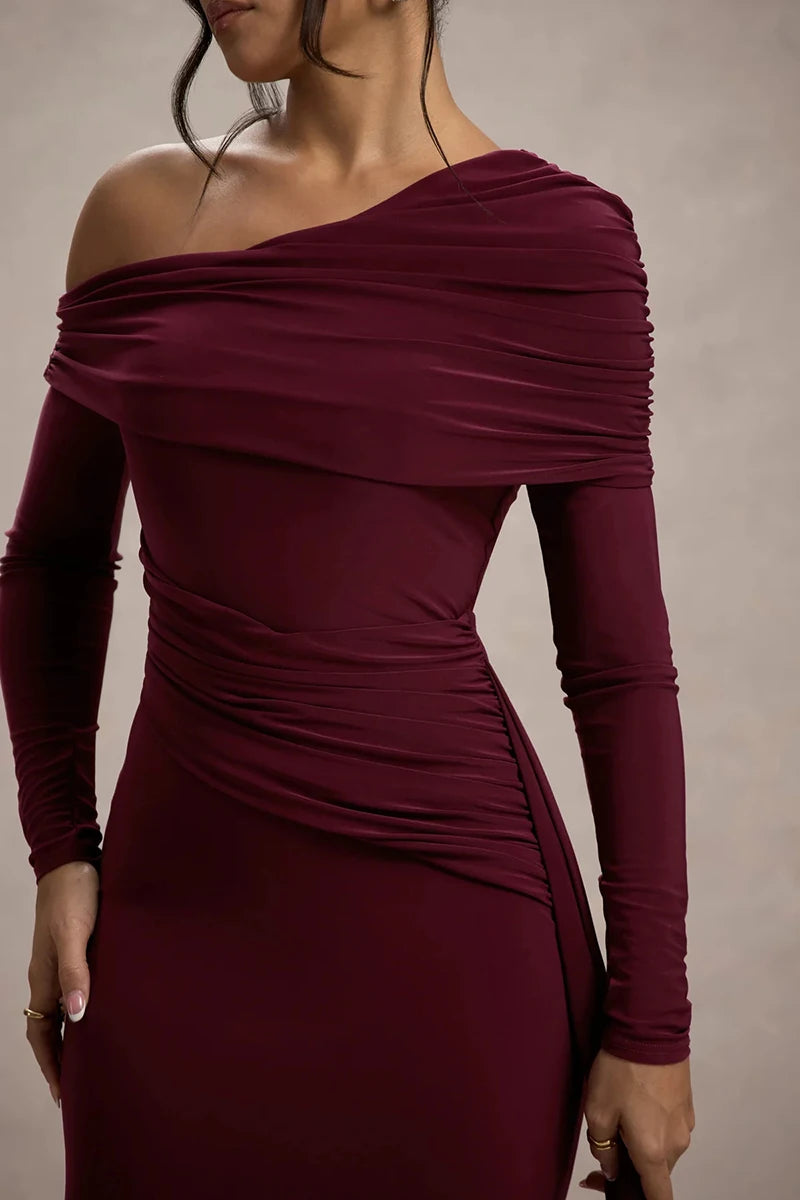 Skew Collar Long Sleeve Sexy Maxi Dress