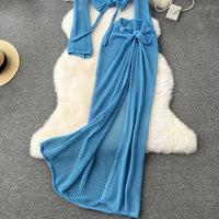 Long Sleeve V Neck Short Top+Adjustable Waist Split Long Skirt Set