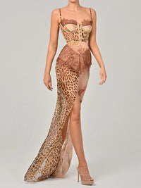 Leopard Print Lace Split Sexy Maxi Dress