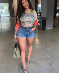 Mesh Dollar Print Classic Aesthetic O-neck Long Sleeve Skinny Top