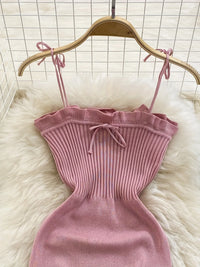 Ribbed Lace Up  Ruffle Trim Mini Dress