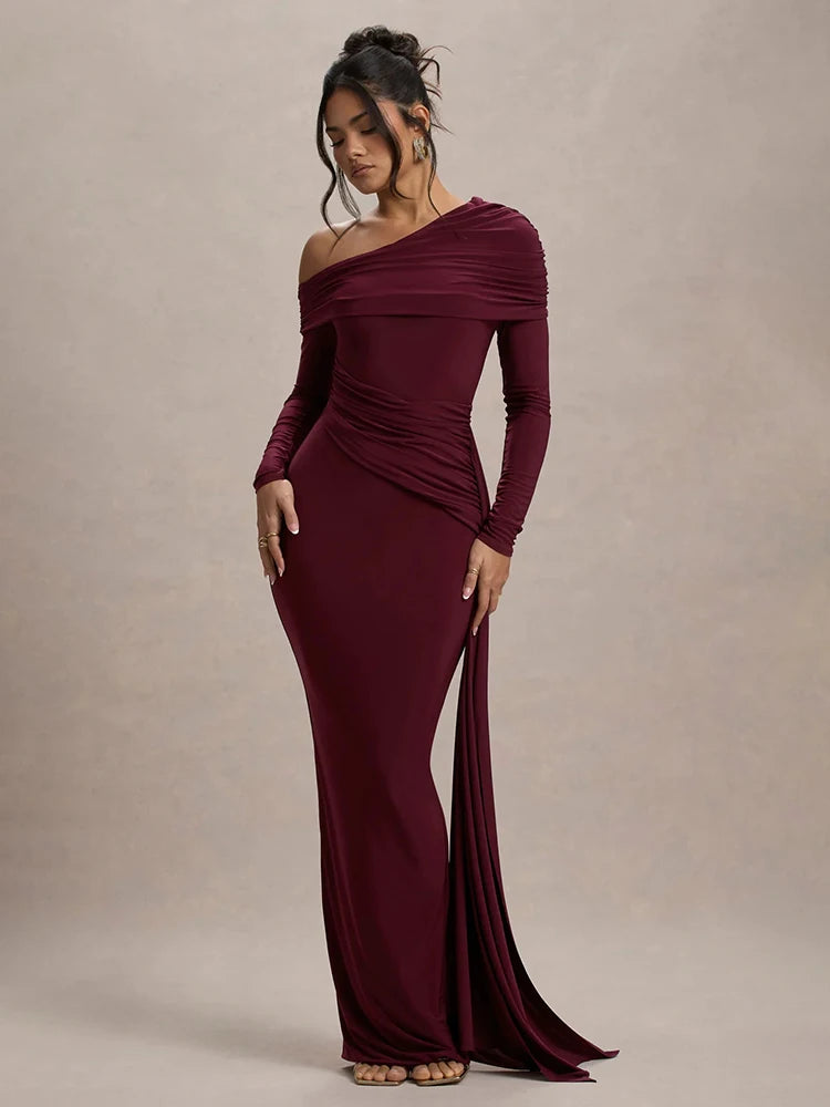 Skew Collar Long Sleeve Sexy Maxi Dress