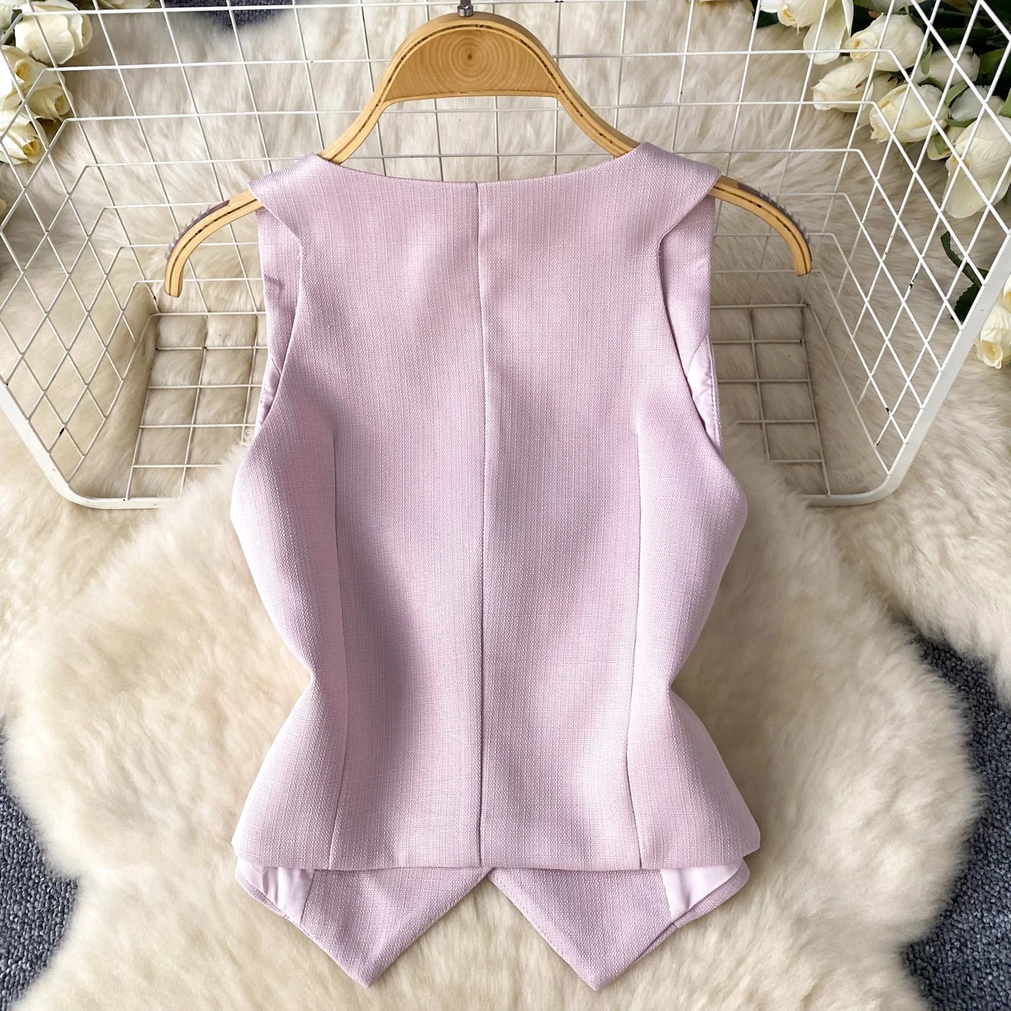 Single Breasted Basic Camisole+Zipper Design Pleated Skirt Set