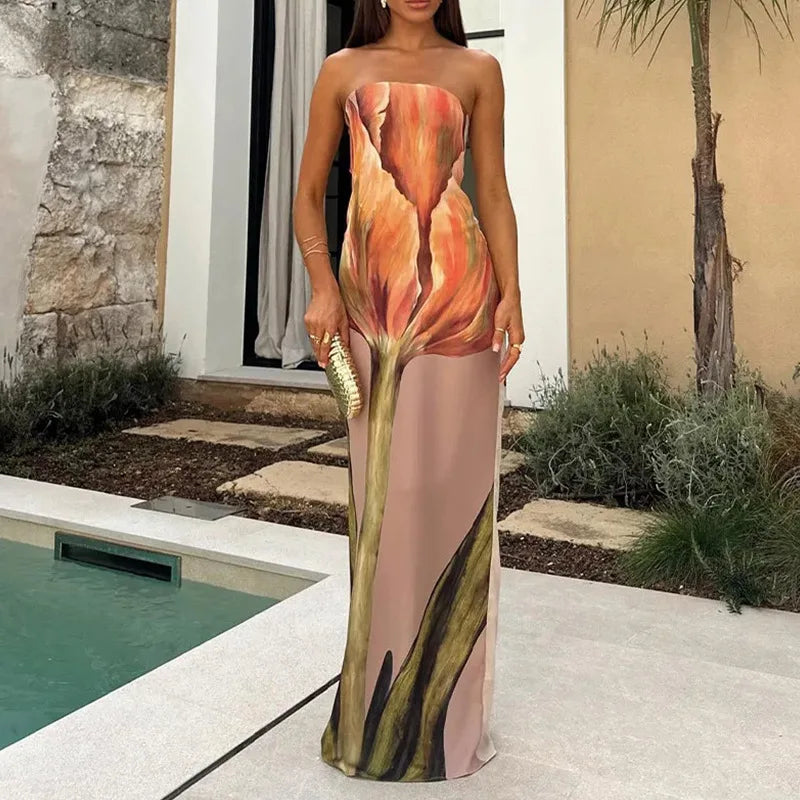 Strapless Backless Printed Long Dress