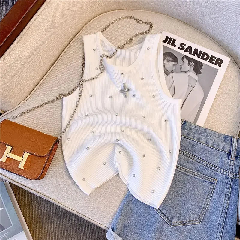 Embroidered Flare Chic Diamonds O-Neck Tank Top