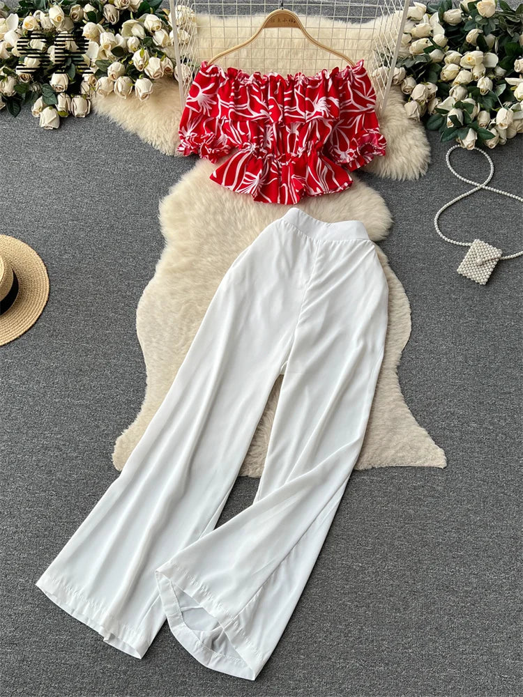 Ruffles Floral Print Elastic Waist Wide Leg Long Pants+Top Set