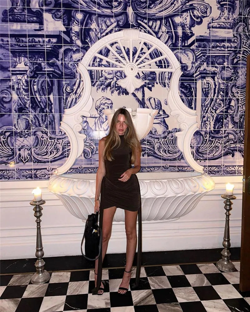 Turtleneck Sleeveless Irregular Ruched Mini Dress