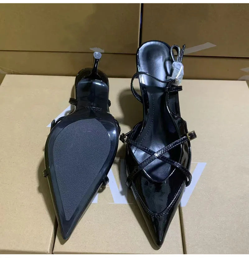 Elegant Pointed toe PU Leather Slingback Thin Heels