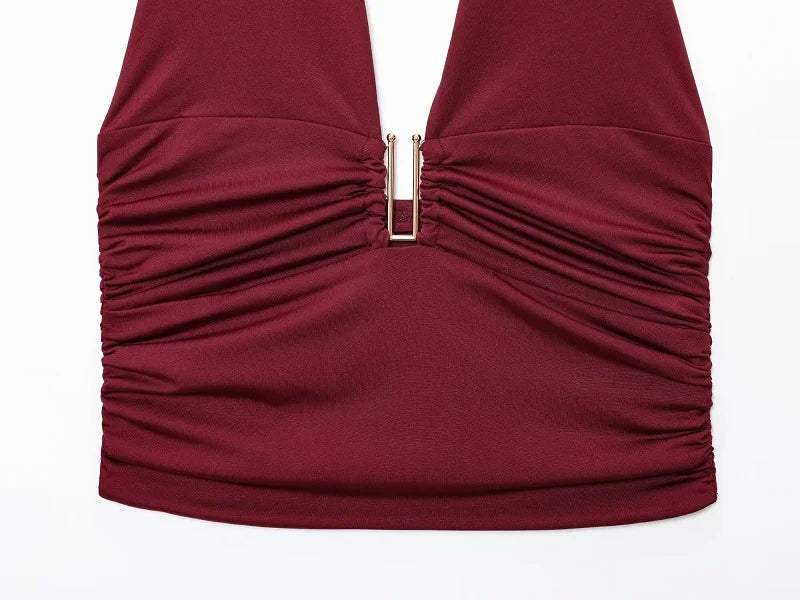 Sexy Ruched Backless  Halter Crop Top