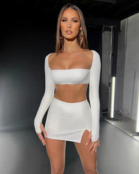 Square Collar Full Sleeve Crop Top+Mini Skirt Set