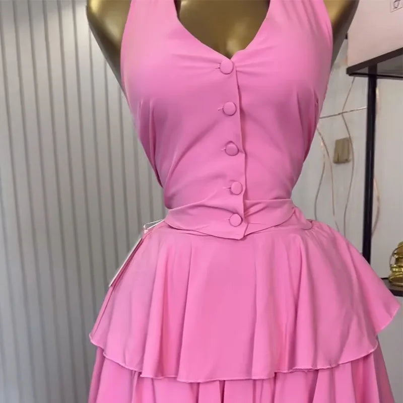 Sleeveless Vest Tops+Pleated Tiered Skirts Set