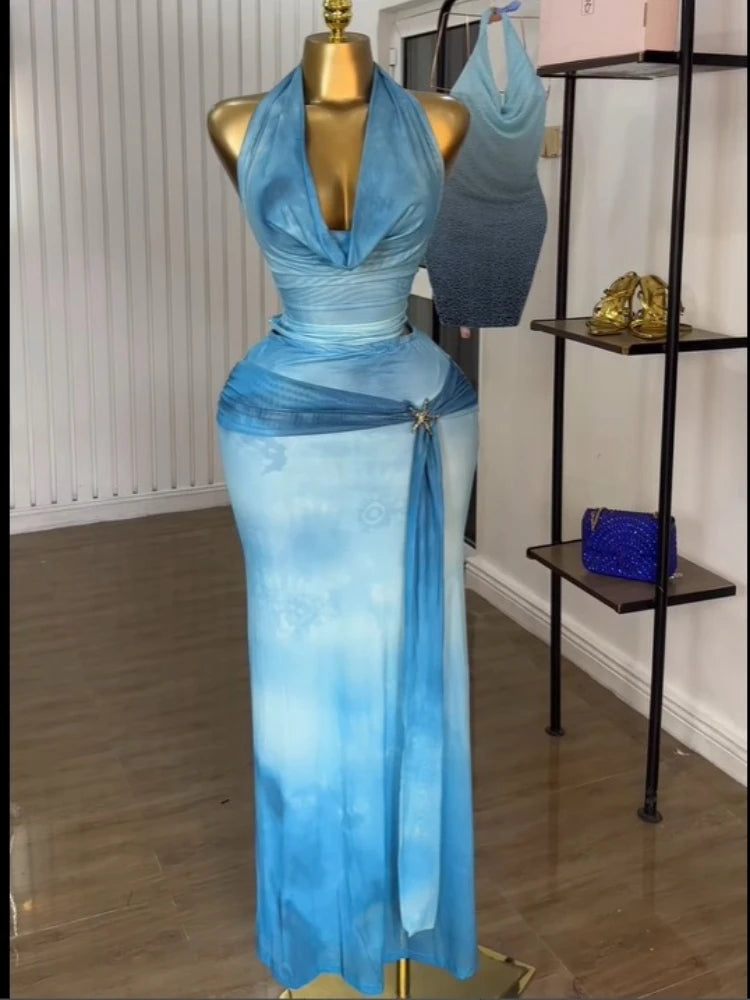 Tie Dye Printed Halter Pile Neck Crop Top+Bodycon Maxi Long Skirt Set