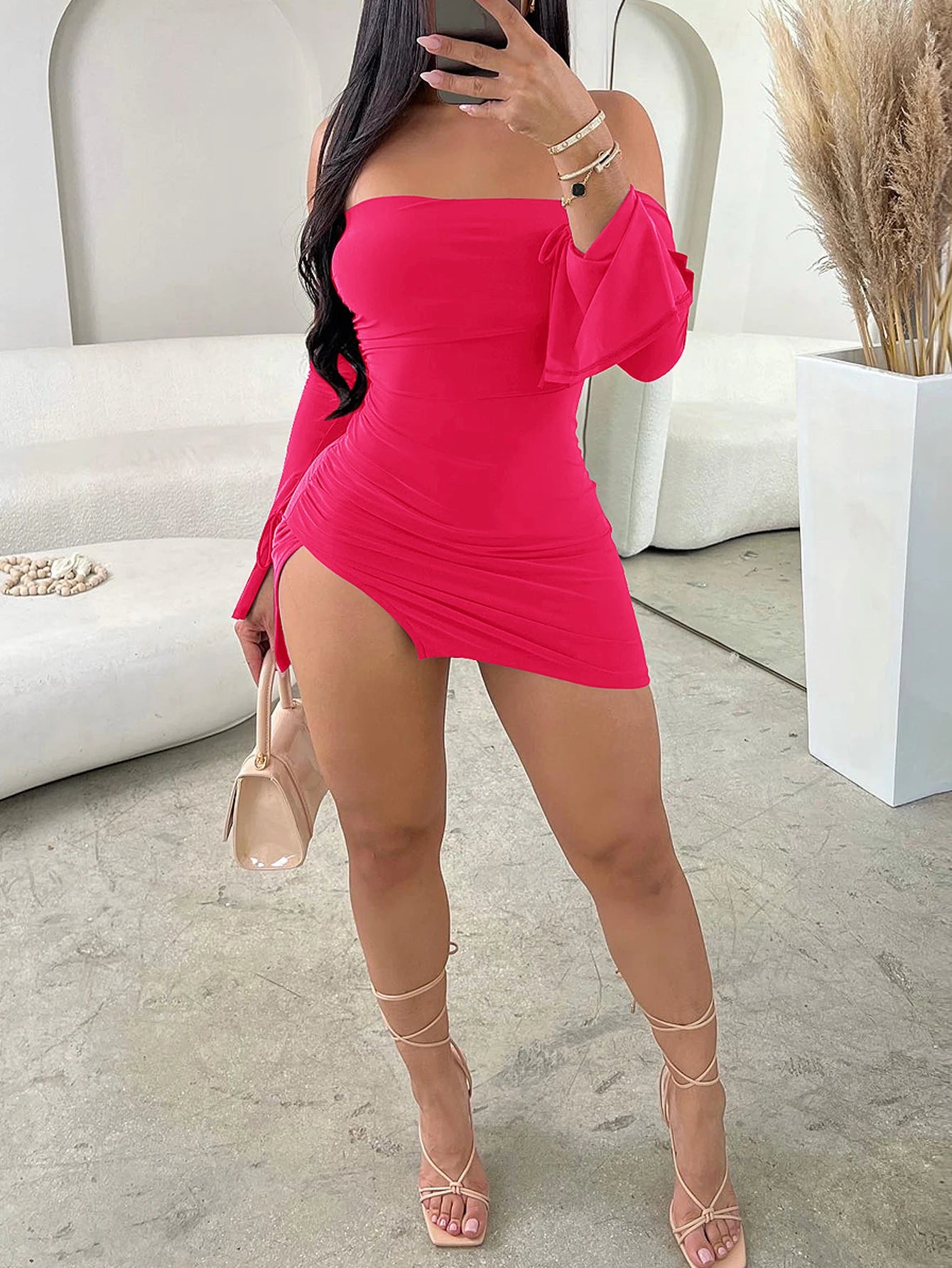 Off-shoulder Long Sleeve Mini Bodycon Dress