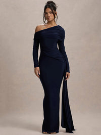 Skew Collar Long Sleeve Sexy Maxi Dress