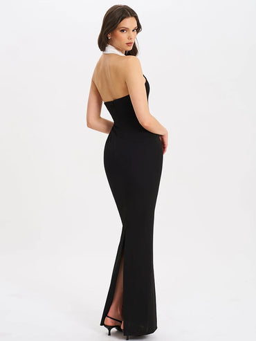 Notched Collar Halter Backless Sexy Maxi Dress