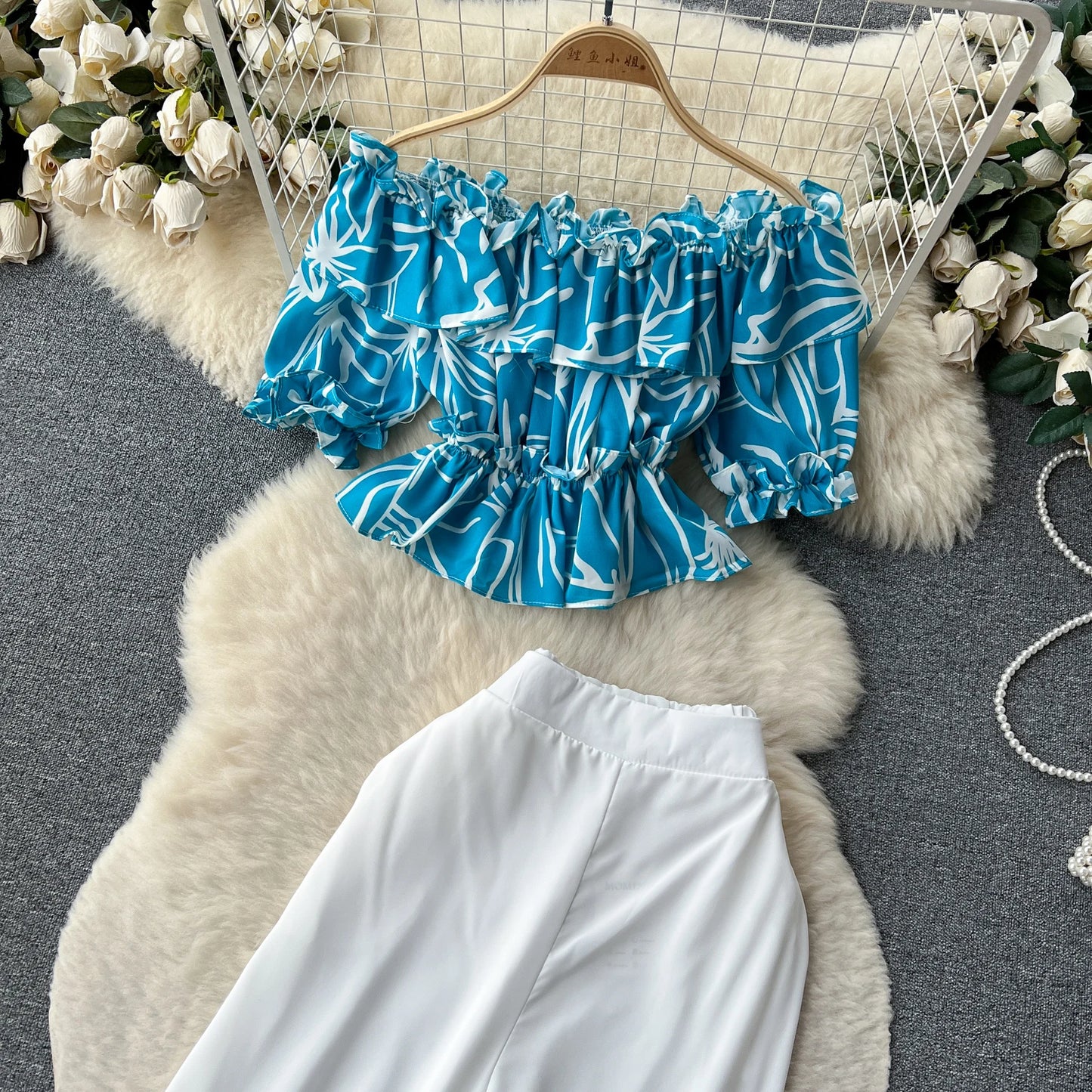 Ruffles Floral Print Elastic Waist Wide Leg Long Pants+Top Set