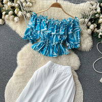 Ruffles Floral Print Elastic Waist Wide Leg Long Pants+Top Set