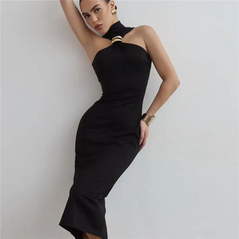 Turtleneck Ring Metal Sleeveless Midi Dress