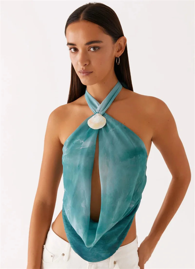 Tie Dye Hollow Out Halter Sexy Tank Top