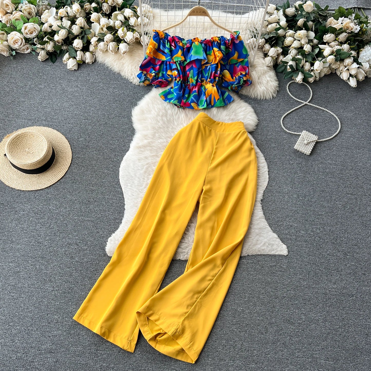 Ruffles Floral Print Elastic Waist Wide Leg Long Pants+Top Set