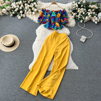 Ruffles Floral Print Elastic Waist Wide Leg Long Pants+Top Set