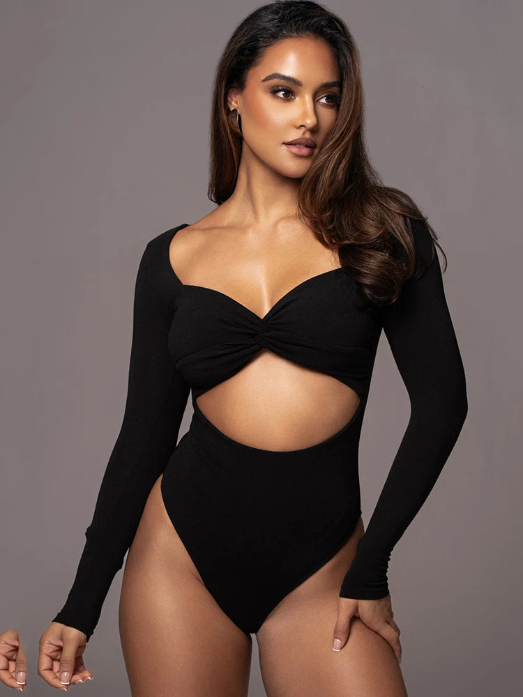 Hollow Out Long Sleeve Square Collar Bodysuit