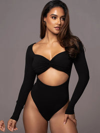 Hollow Out Long Sleeve Square Collar Bodysuit