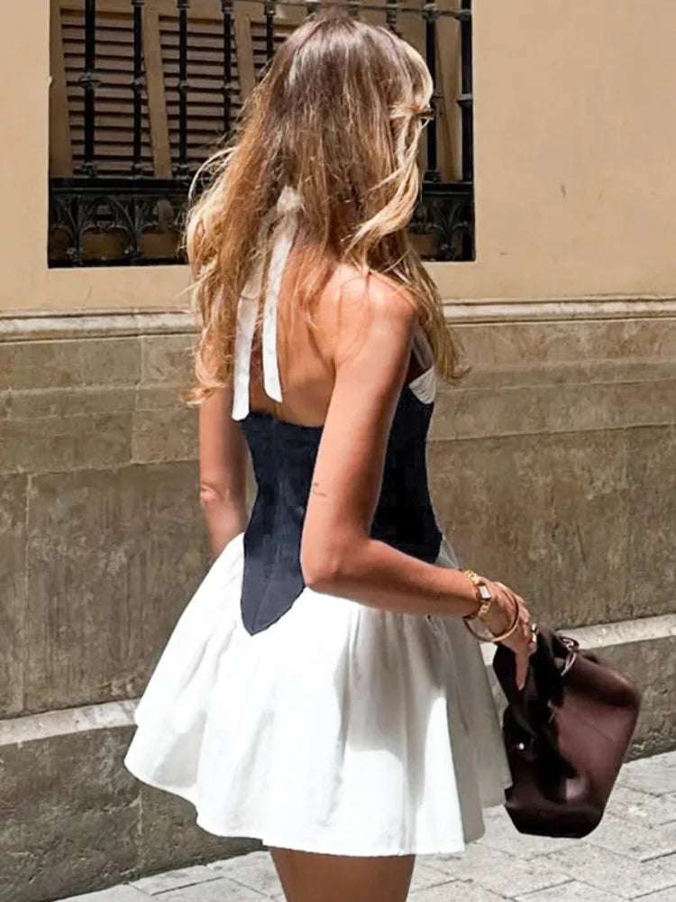 Patchwork Halter Denim Backless Sexy Mini Dress