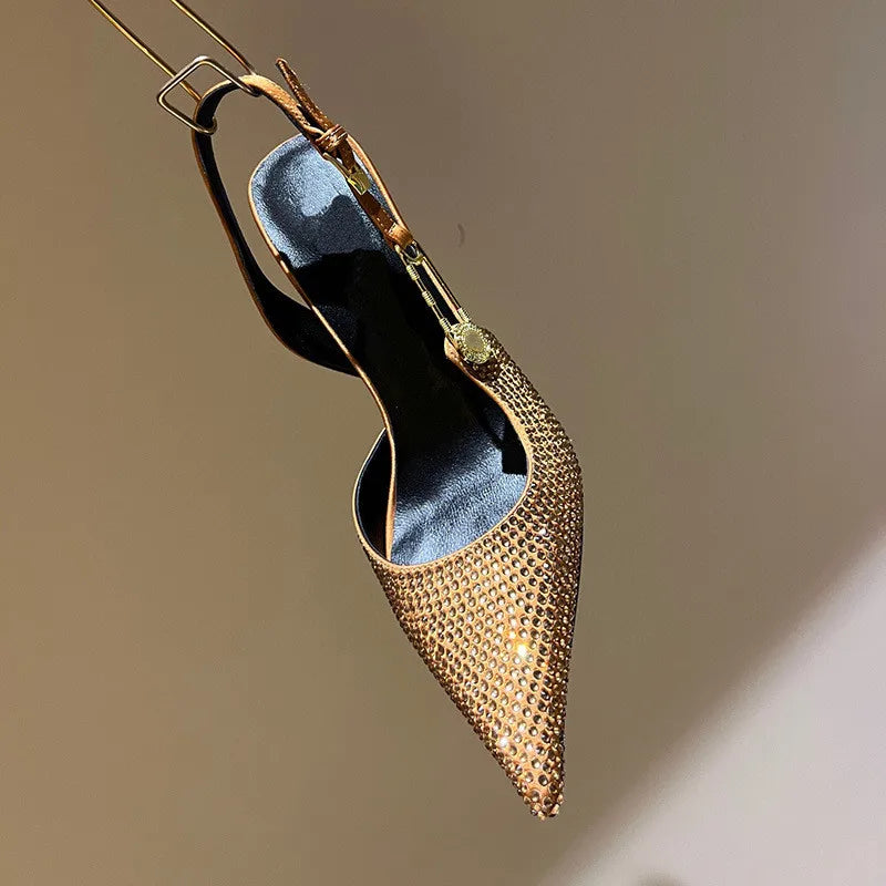Luxury Rhinestone Sequined Buckle Pointed toe Slingback Stiletto