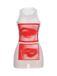 Mesh Lip Print Y2K O-neck Sleeveless Mini Dress