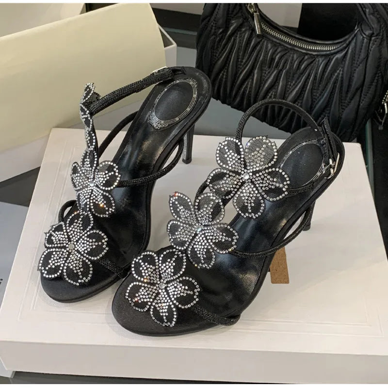 Rhinestones Lace Flowers Decor Heels