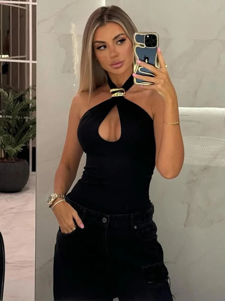 Halter Hollow Out Ring Metal Off-shoulder Tank Top