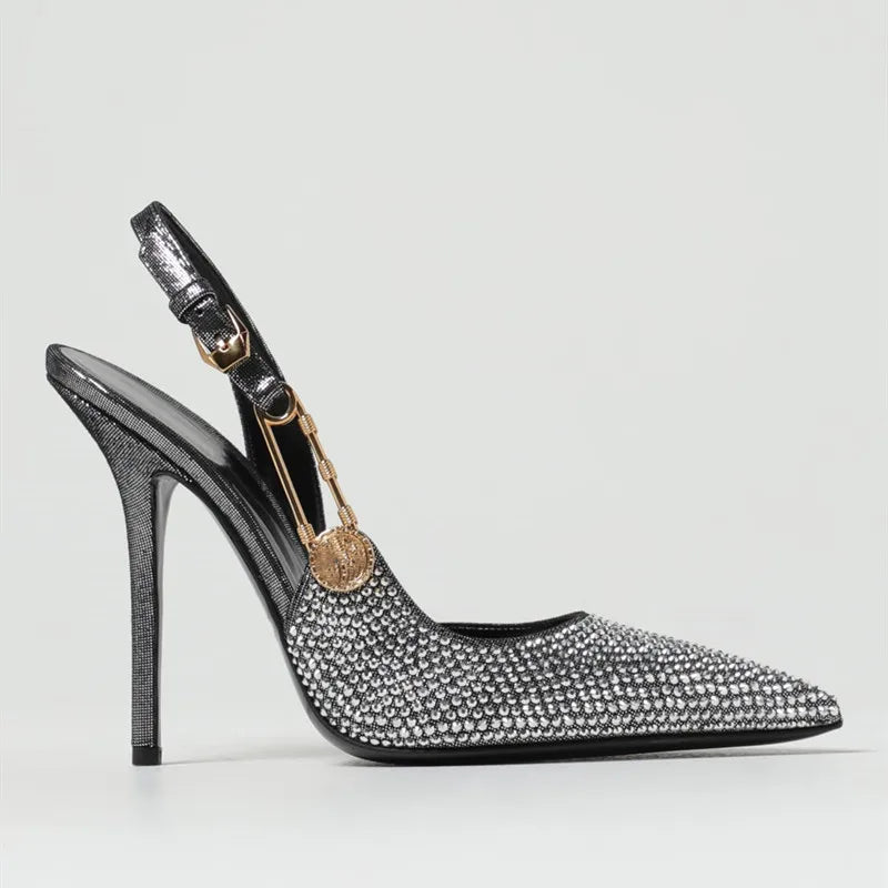 Luxury Rhinestone Sequined Buckle Pointed toe Slingback Stiletto