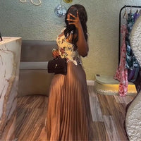 Floral Print Waist-cinching Corset +Pleated Long Skirts Set