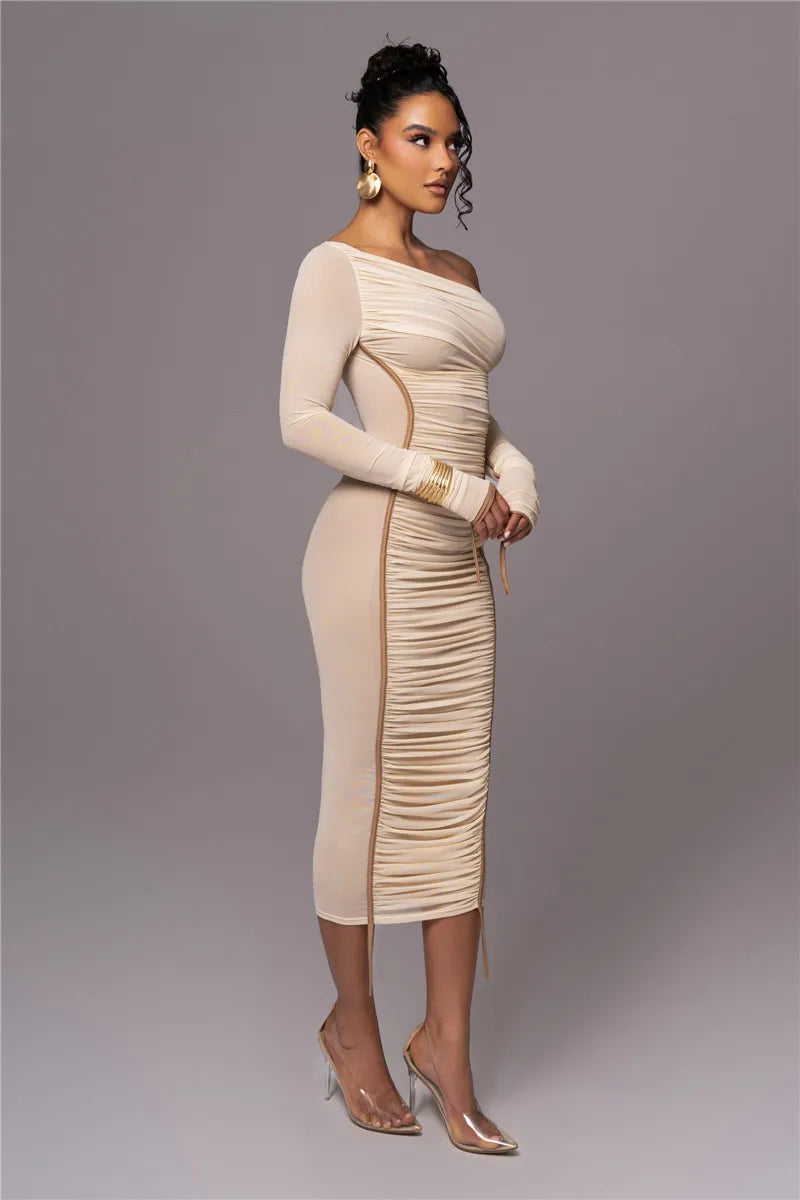 Diagonal Collar Long Sleeve Midi Dress