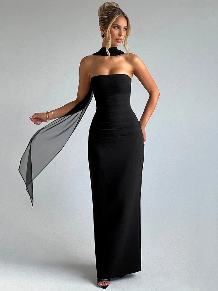 Scarf Collar Strapless Sexy Maxi Dress