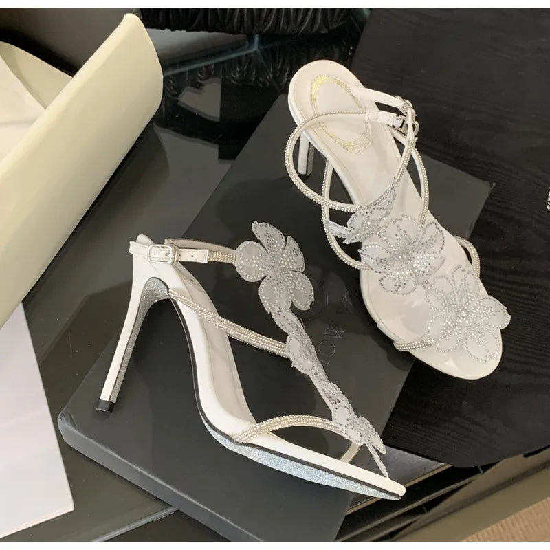 Rhinestones Lace Flowers Decor Heels