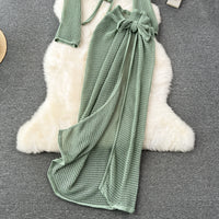 Long Sleeve V Neck Short Top+Adjustable Waist Split Long Skirt Set