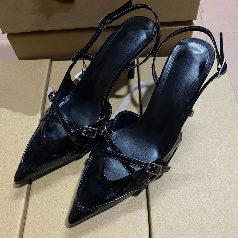 Elegant Pointed toe PU Leather Slingback Thin Heels