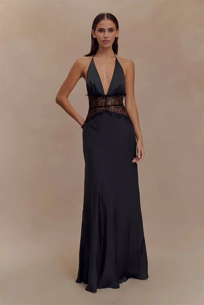 Patchwork Lace Halter Deep V Neck Maxi Dress