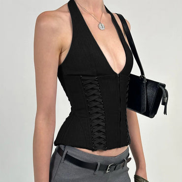 Cross Tie Zipper Slim Vest Halter Top