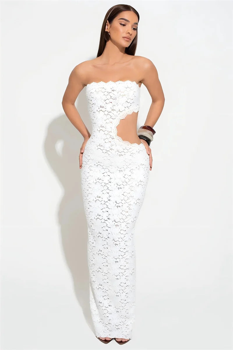 Lace Strapless Hollow Out  Maxi Dress