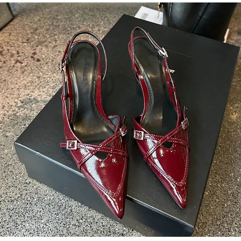 Elegant Pointed toe PU Leather Slingback Thin Heels